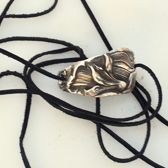 Art Nouveau Floral Sterling Leather Cuff Wrap Tie - Picture 5 of 8